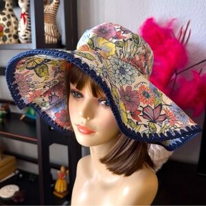 Sakroots Floral Wide Brim Hat with Navy Trim